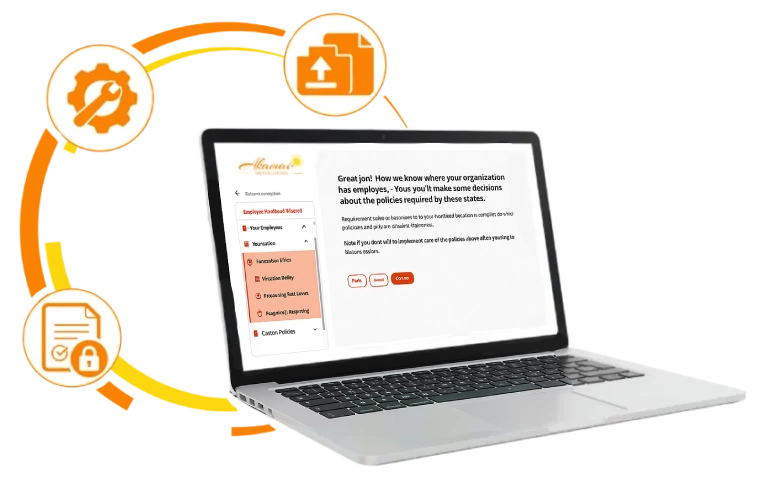 Custom employee handbook creation software interface on laptop screen.